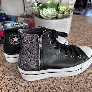 Converse All-Star Black Leather w/ Cheetah Print & Zipper High Tops - W 8 NICE!
